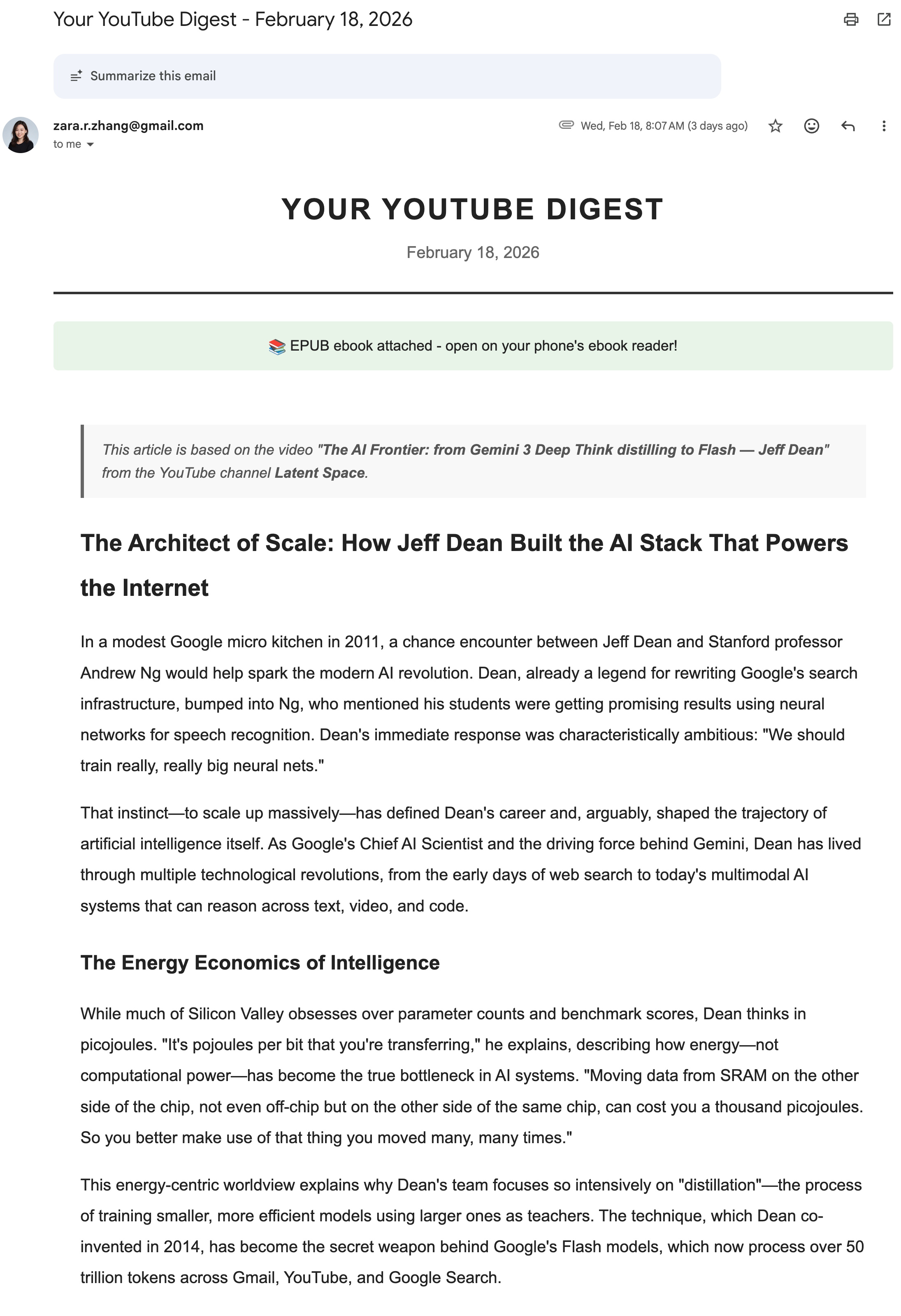 YouTube Digest email, polished article delivered as EPUB